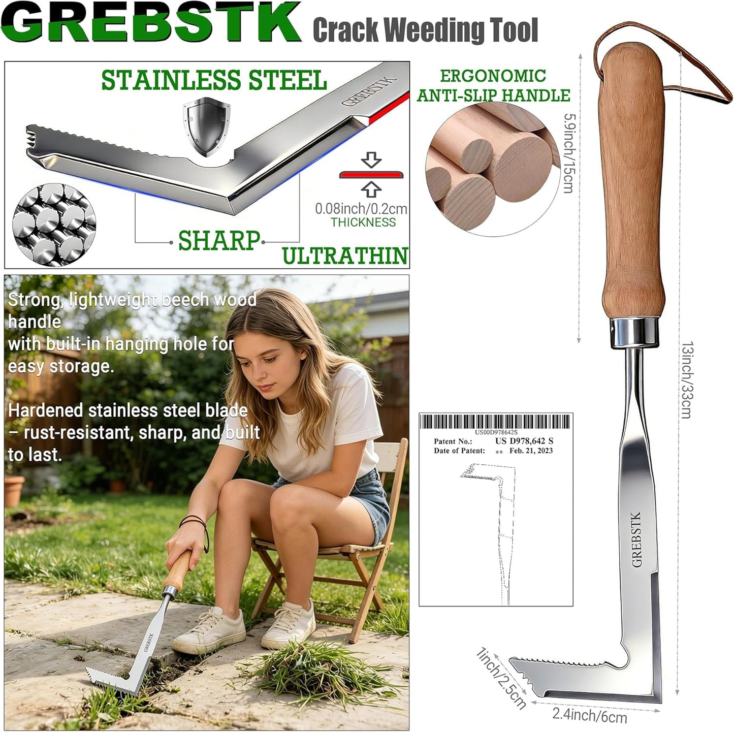 Stainless Steel Manual Weeder Beech Handle Gardening Tool